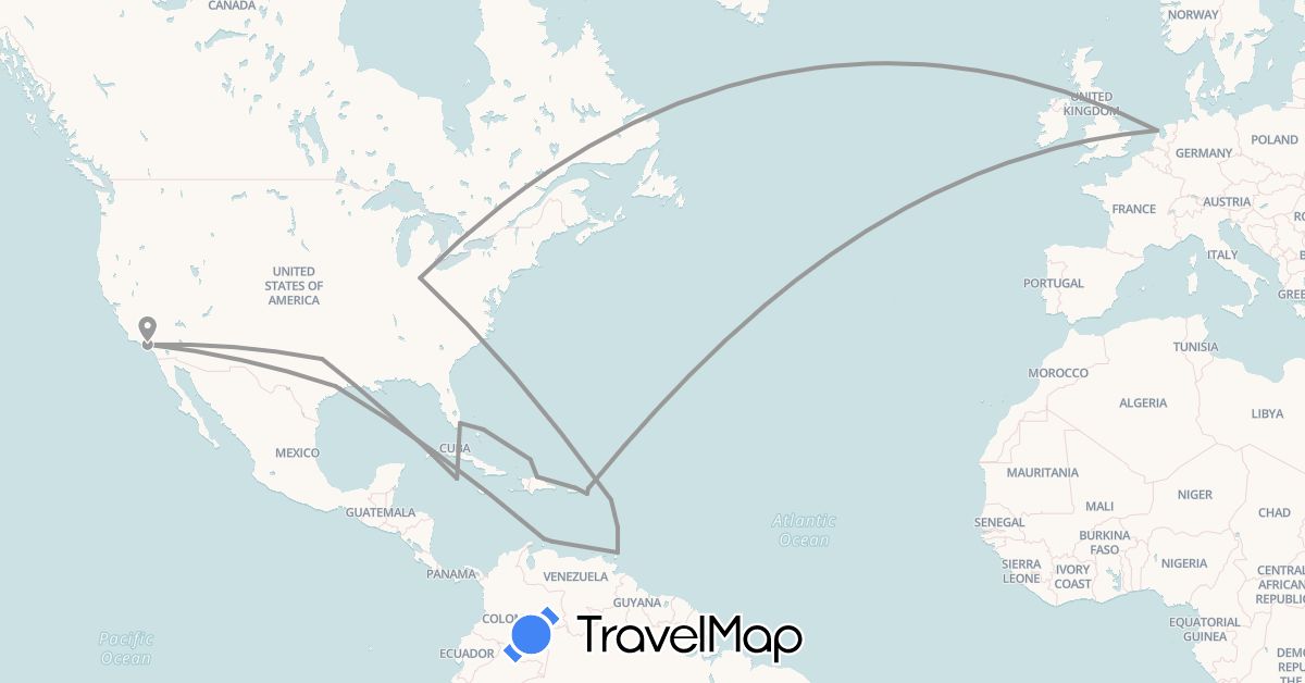 TravelMap itinerary: driving, plane in Antigua and Barbuda, Bahamas, Dominica, Dominican Republic, Cayman Islands, Saint Lucia, Netherlands, Turks and Caicos Islands, Trinidad and Tobago, United States, British Virgin Islands (Europe, North America)